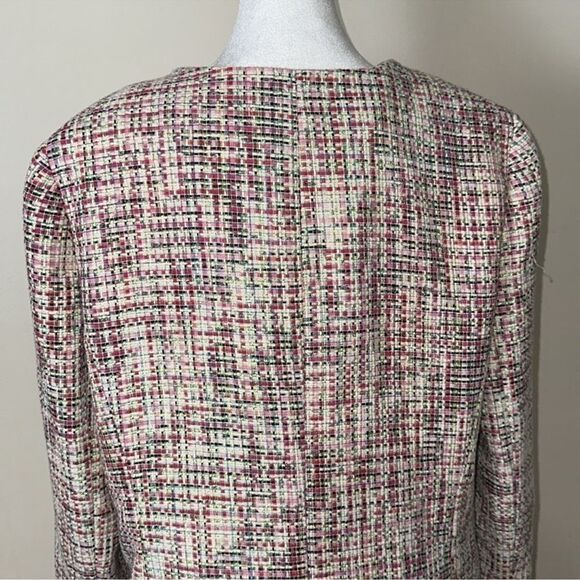 TAHARI x ASL 14 Pink Green Raw Fringe Hem Trim Four Pocket Tweed Blazer - Picture 4 of 13